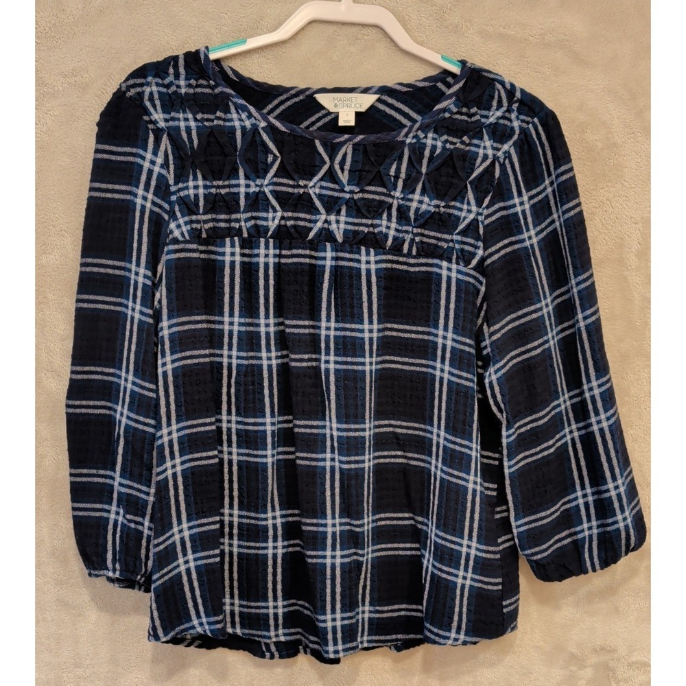 Market & Spruce Plaid Blouse Womens L Blue‎ 3/4 Sleeve Smocked Boho Top